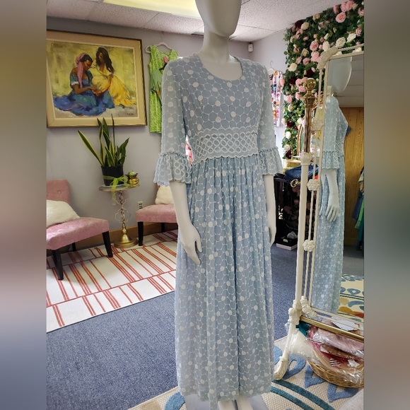 Vintage late 60s, Early 70s Baby Blue Embroidered Eyelet Circle Maxi Dress - Picture 8 of 16